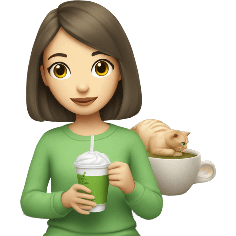 Cute girl holding a cat and cup of iced matcha  emoji