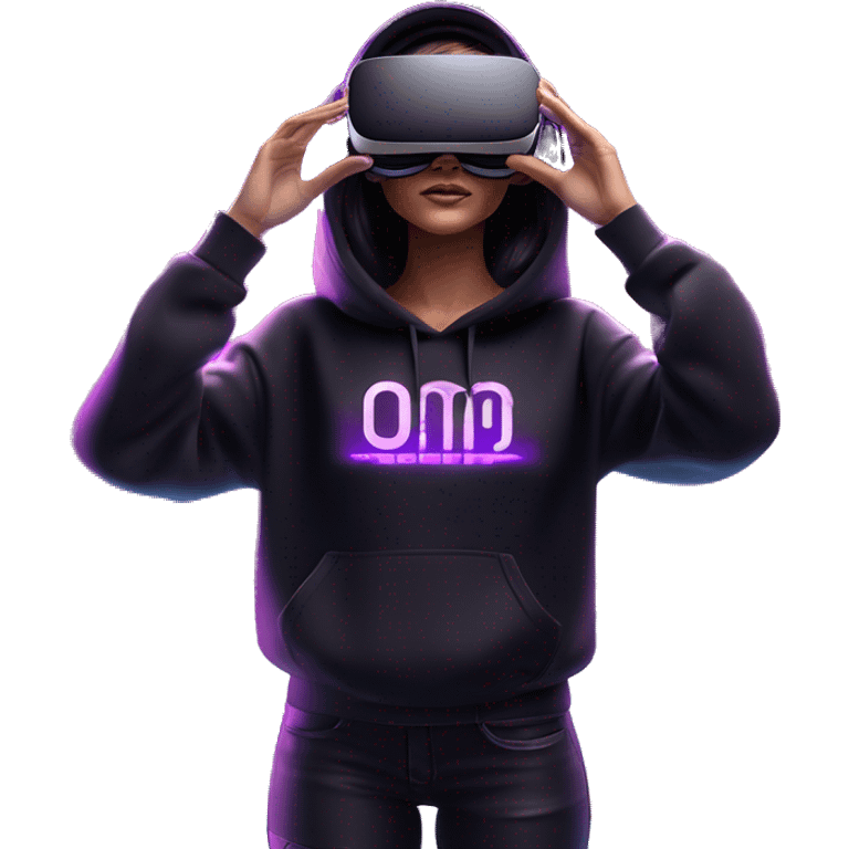 Russian girl wearing black hoody with violet letters "OMG", in vr headset oculus quest2. Standing like jedi. Cyberpunk style. Violet neon. emoji