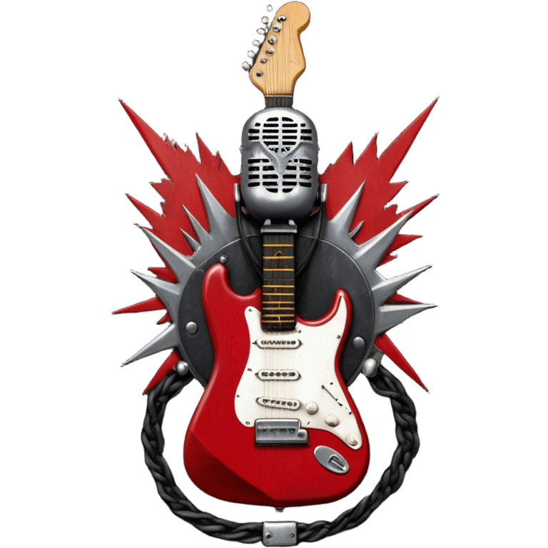 Create a powerful and dynamic humanless emoji representing rock vocals. The design should feature a classic vintage microphone with a rugged, distressed look, surrounded by elements like a guitar pick, electric guitar neck, and sound waves to reflect the raw energy of rock music. Add subtle details such as a spiked bracelet, leather textures, or bold lightning bolts to evoke the rebellious and intense spirit of rock. Use dark, edgy colors like black, red, silver, and metallic accents to emphasize the fierce, loud, and passionate nature of rock vocals. The background should be transparent. emoji