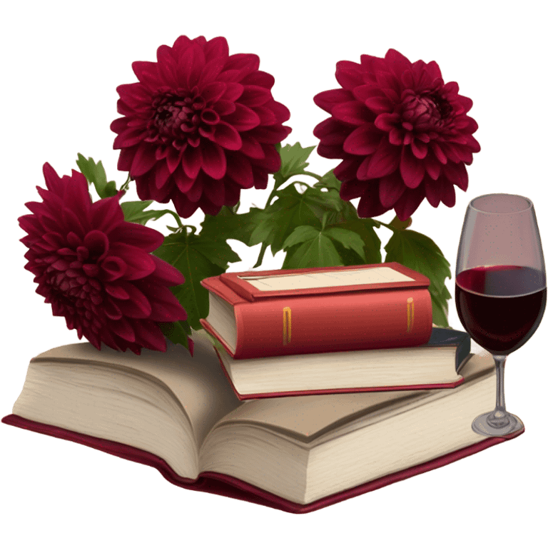 A deep red pile of books with classic dahlias and a spilled wine glass emoji