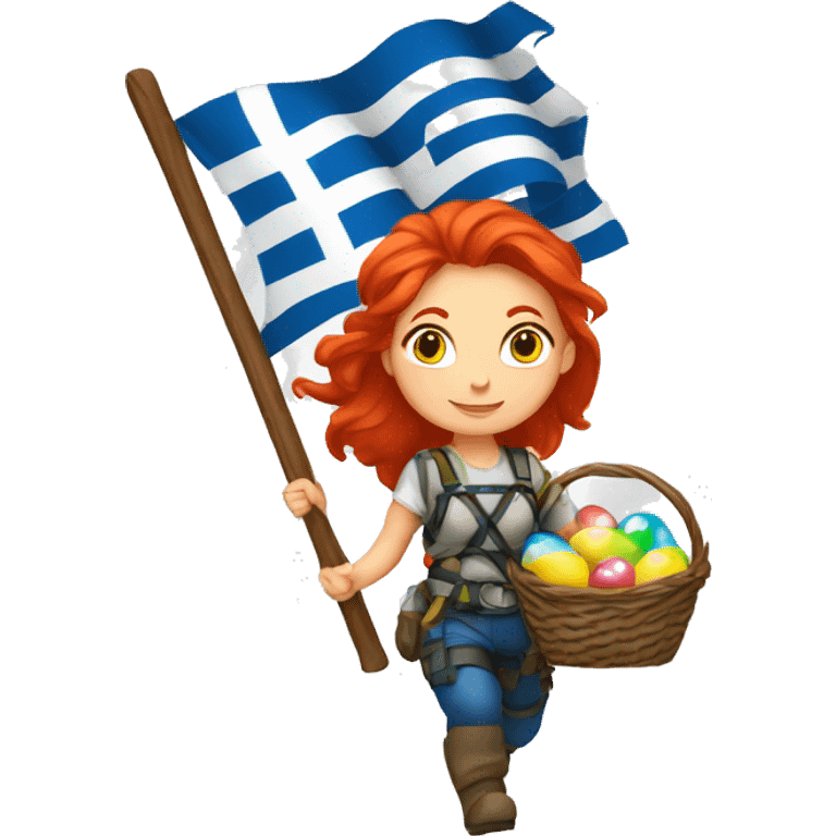 Female mountaineer red hair climbing with Greek flag and holding Easter eggs basket emoji