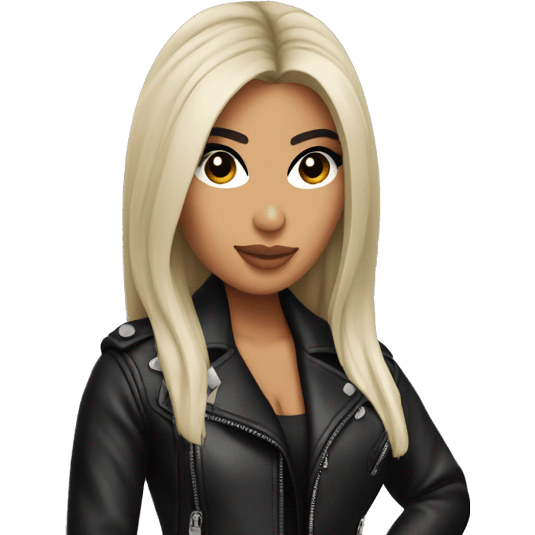 Kim Kardashian in black leather jacket pointing forward emoji