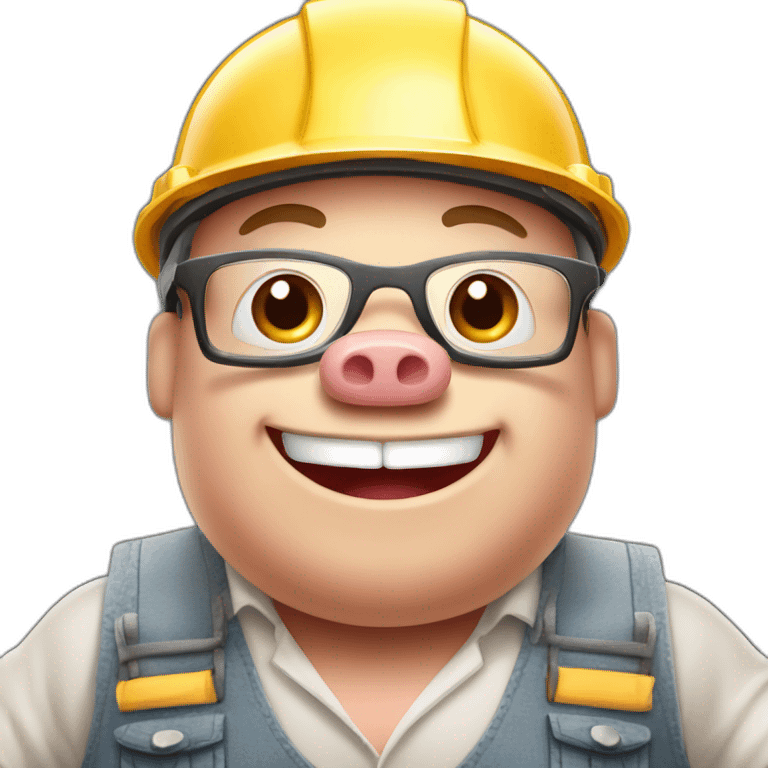 happy little pig dressed as builder ready to build his home from bricks and cement emoji