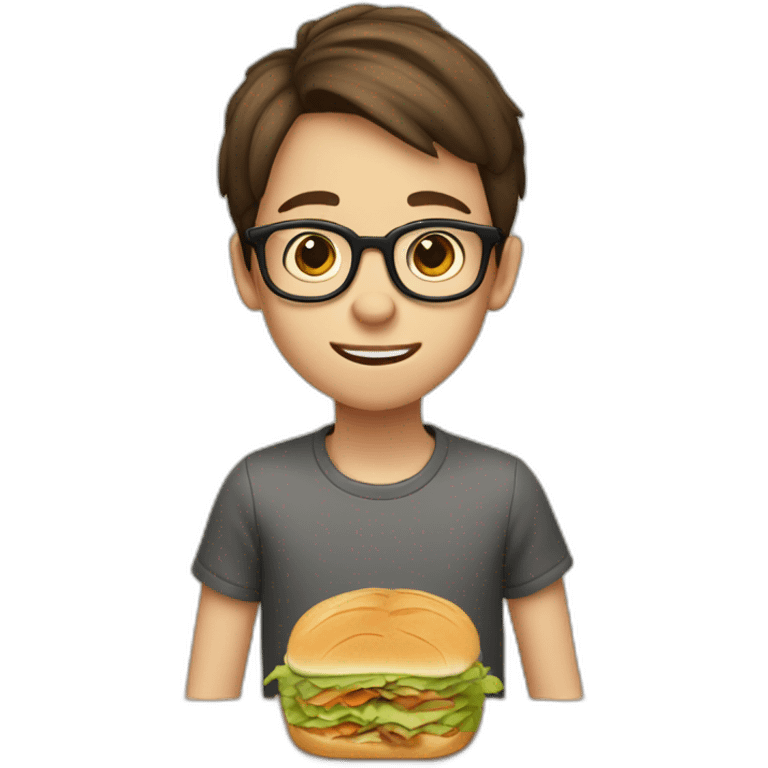 A 12-year-old boy with short brown hair and glasses eats a sandwich emoji