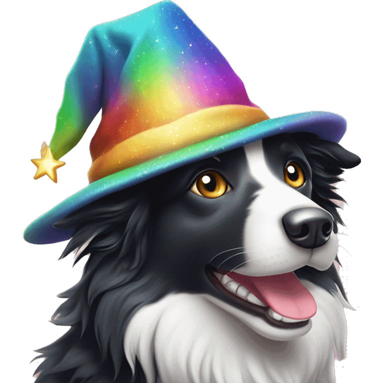 Rainbow-coloured Border Collie wearing a velvet wizard hat covered with tiny, sparkling, silver stars.  emoji