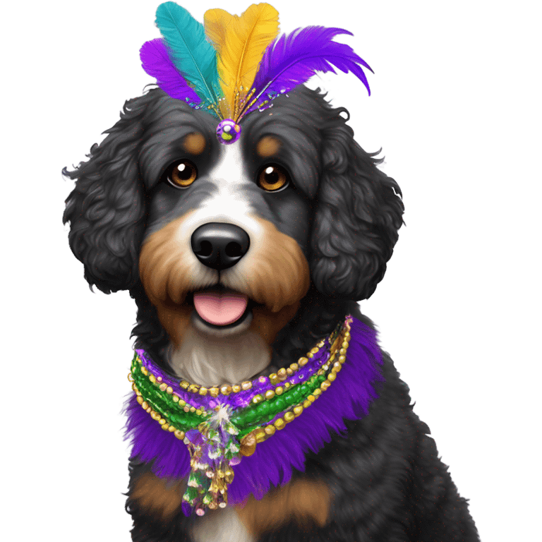 Bernedoodle dressed for Mardi Gras emoji