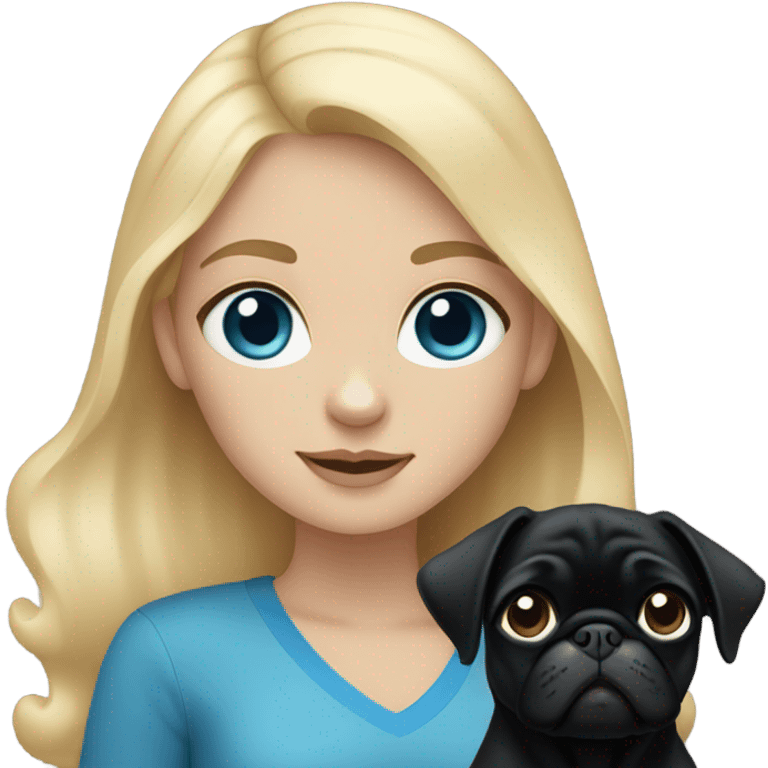 Girl with blonde hair and blue eyes holding a black pug emoji