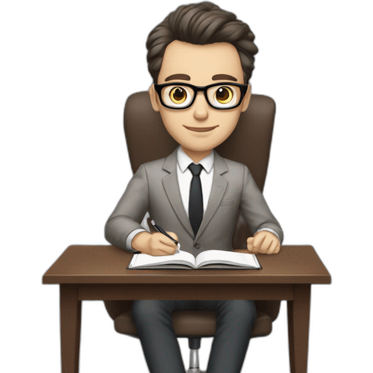 Pale skinned Fit Man With dark brown hair in gray jacket with emblem Ψ, beige office shirt and vintage glasses In a chair with a notebook and a pen in his hands emoji