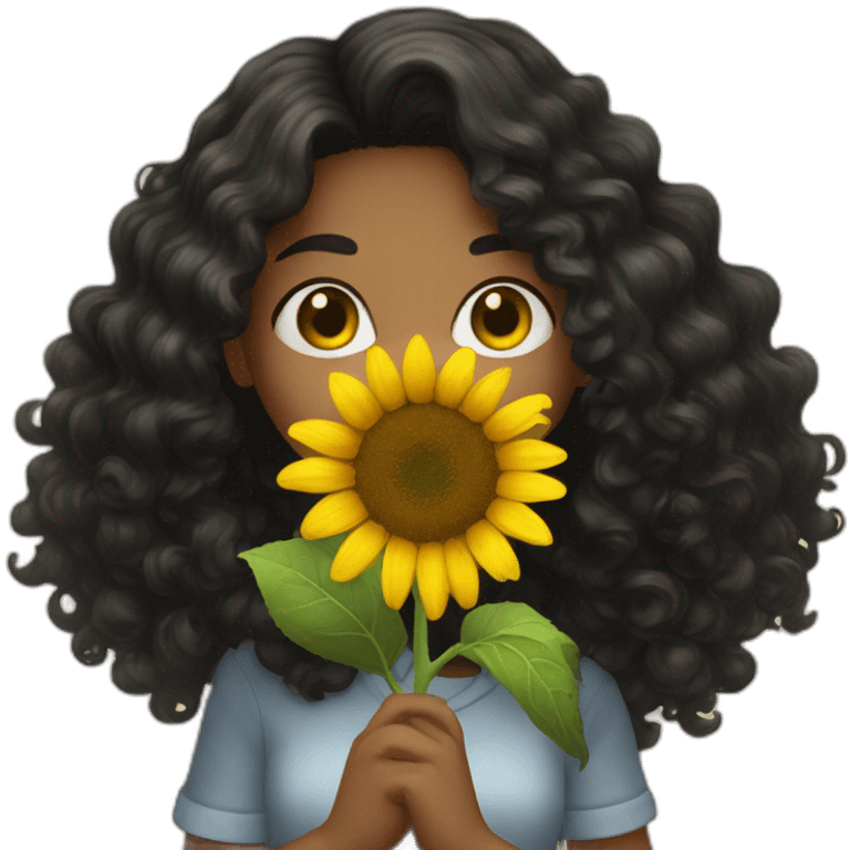 Long black Curly hair Girl holding sunflower emoji