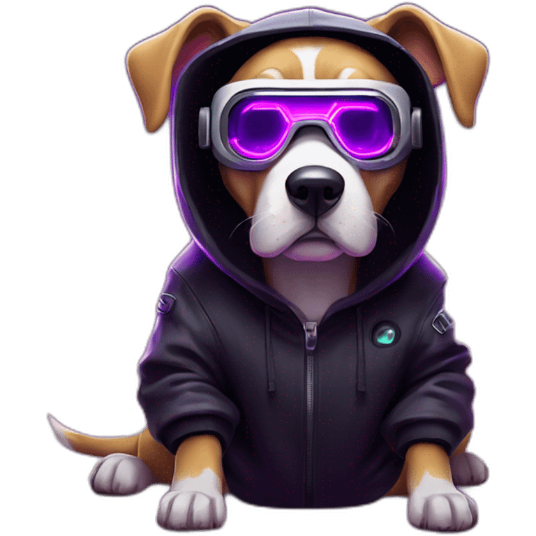 Russian dog wearing a black hoodie with "OMG" letters on it and VR headset in a cyberpunk VR environment with violet neon lighting. emoji