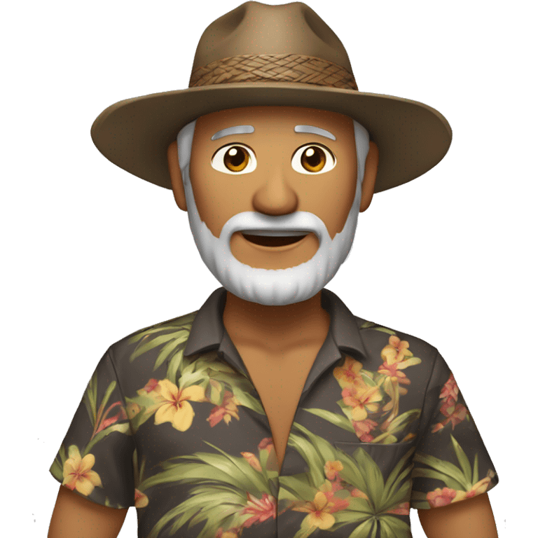 Native Hawaiian Male in with 57 years old of age,  playing a ukalele with a hawaiian closed shirt. Wearing brown shorts a cap. He has a goatiee beard of dark gray color. His skin is brown with east asian eye type.  emoji