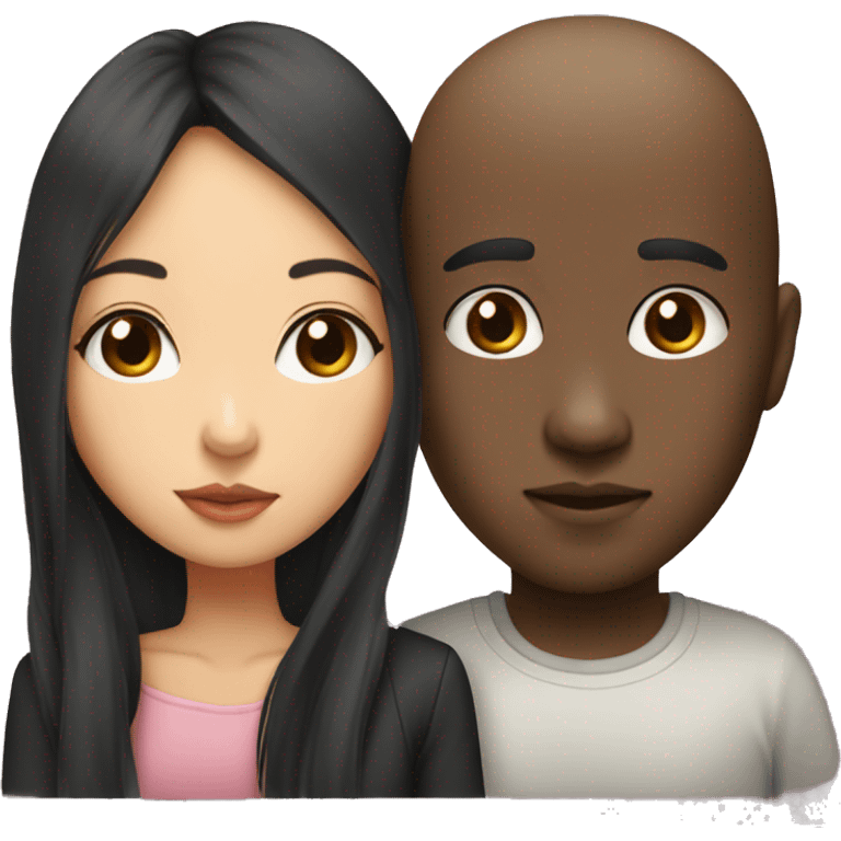 Bald black boy and Asian girl with long black hair kissing  emoji