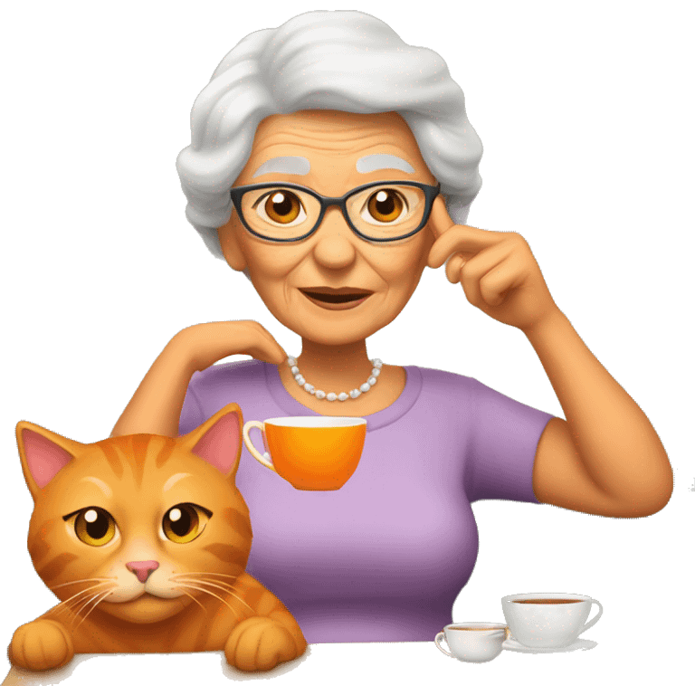 Grandma with hot tea on a couch with her orange cat  emoji