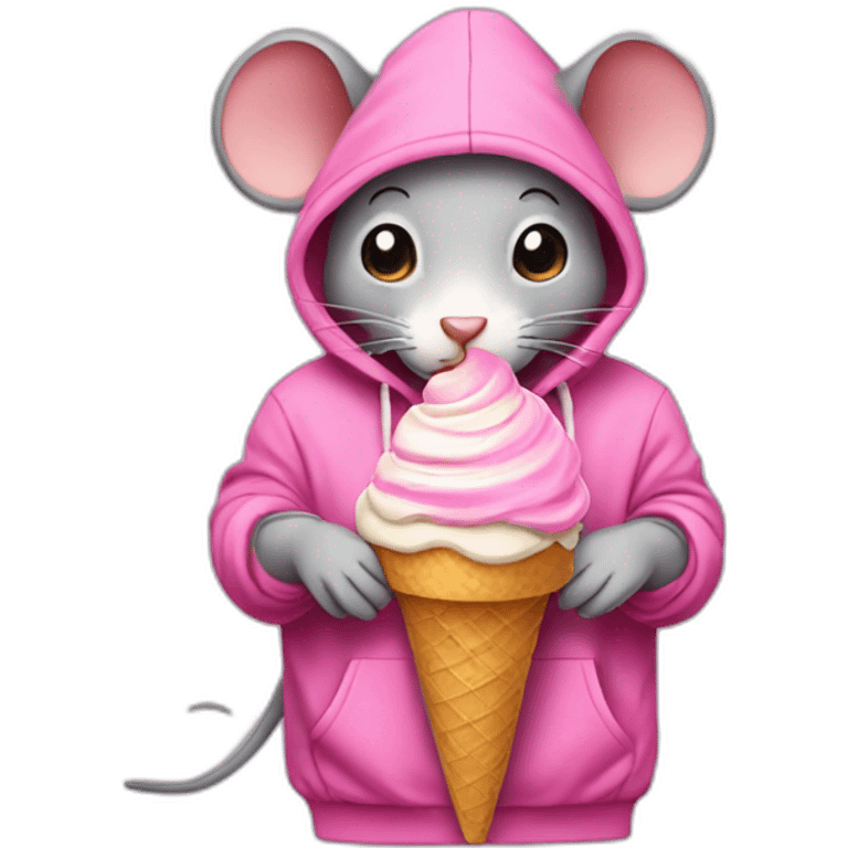 grey mouse wearing a pink hoodie with ice cream emoji