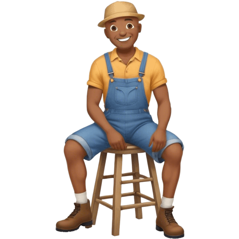 Side view Laughing Old bald black man sitting on stool wearing overalls wearing hat emoji