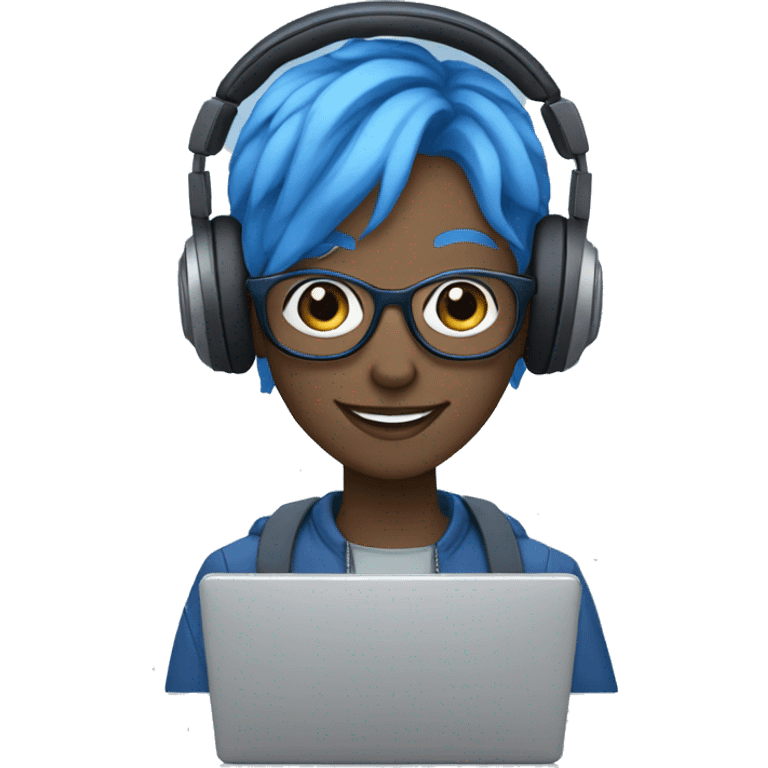 Androgynous character with all blue skin, wearing glasses, holding a laptop, wearing headphones, and smiling emoji