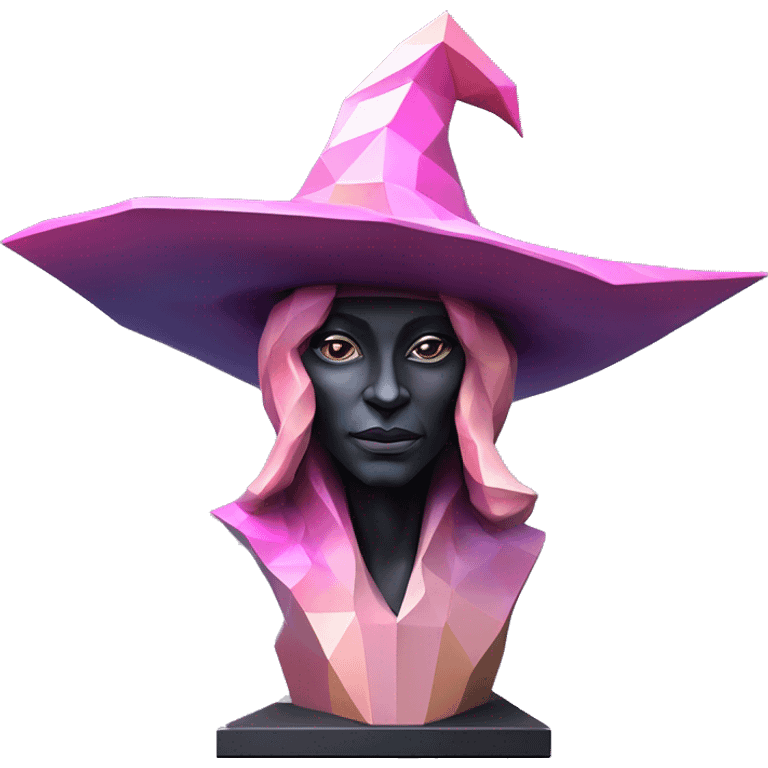 standalone sculpture Mage Witch Hat is geometric, faceted design. The sculpture is standing upright on a base with angular and baroque features. The vibrant midtone tints of pastels and pink highlights the sharp edges and planes.  emoji