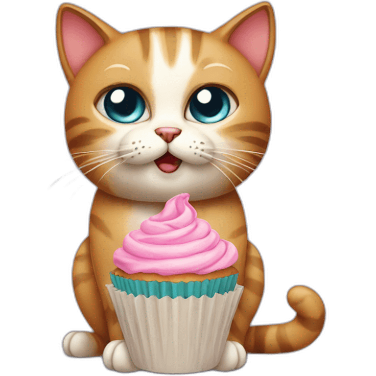 cat with bow and pleading eyes holding a cupcake emoji