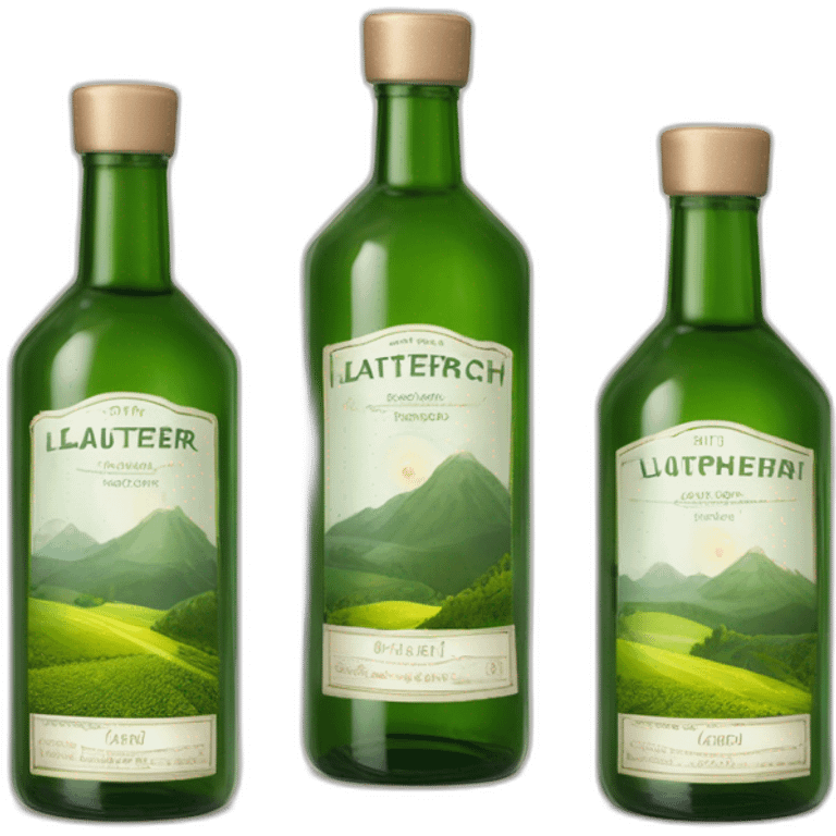 grüner schnaps in länglicher flasche mit einem bergdorf auf dem etikett und dem namen "lauterbacher tropfen" emoji