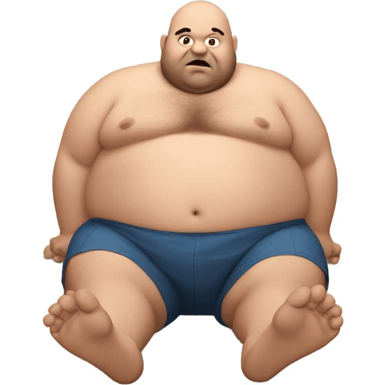 Fat man shirtless lying on floor on his stomack facing camera emoji