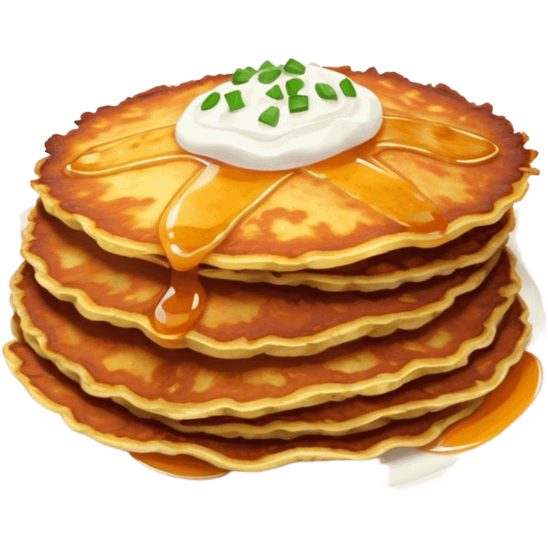 Cinematic Realistic Placki Ziemniaczane Dish Emoji, depicted as crispy potato pancakes served with sour cream rendered with vivid textures and warm, appetizing lighting. emoji