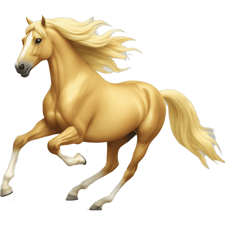 Yellow palomino horse with long flowing mane galloping with prosthetic leg, slender horse, solid yellow horse, running, yellow horse galloping with prosthetic leg, pretty horse emoji