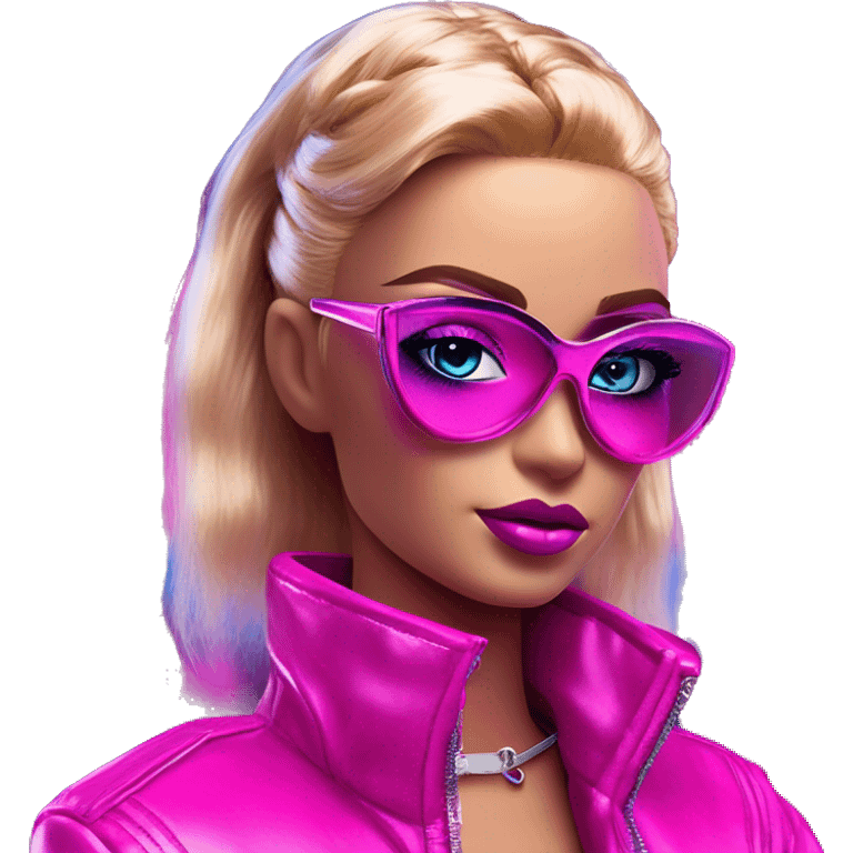 Synthwave hacker in Barbie style, oil paint, epic eyes, intricate lips, exquisite pose, beautiful, desirable, logical emoji