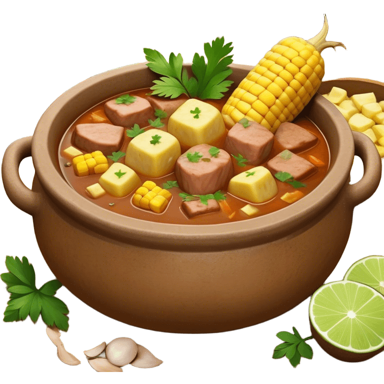 Cinematic Realistic Sancocho Antioqueño Emoji, depicting a hearty Colombian stew brimming with tender cuts of meat, yuca, plantains, corn on the cob, and potatoes in a rich, flavorful broth. Served in a rustic clay bowl with fresh cilantro and lime on the side, rendered with warm, inviting textures and homely, comforting lighting. emoji