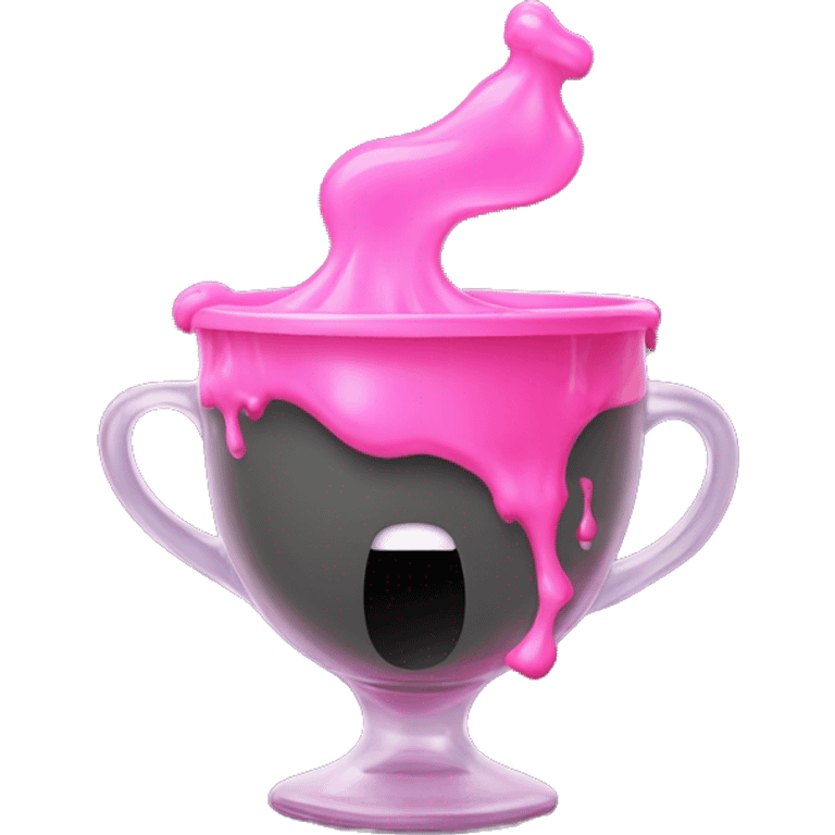 A baby’s sippy cup spilling pink liquid, with a twisted, distorted reflection of a person’s face inside the liquid. Dark smoke or mist rises from the cup emoji