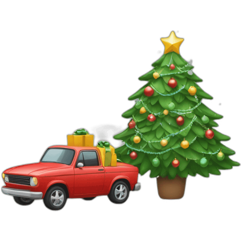 un emoji avec un sapin de noel et au pied un cadeau avec une voiture emoji