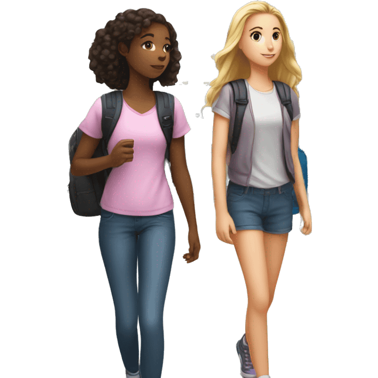 White teen girl and black teen girl are talking and walking with lockers and a lot of school kids behind them emoji