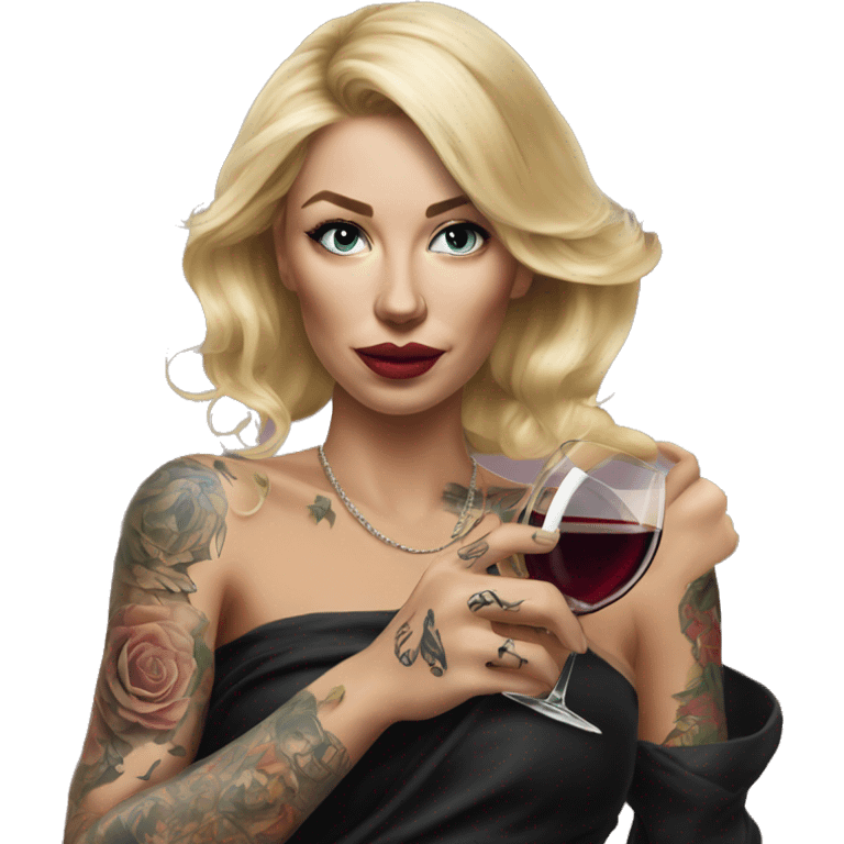 Blonde elegant women, her body covered with tattoos, wine in her one hand, pointing forward with her other hand , Hyper realistic emoji