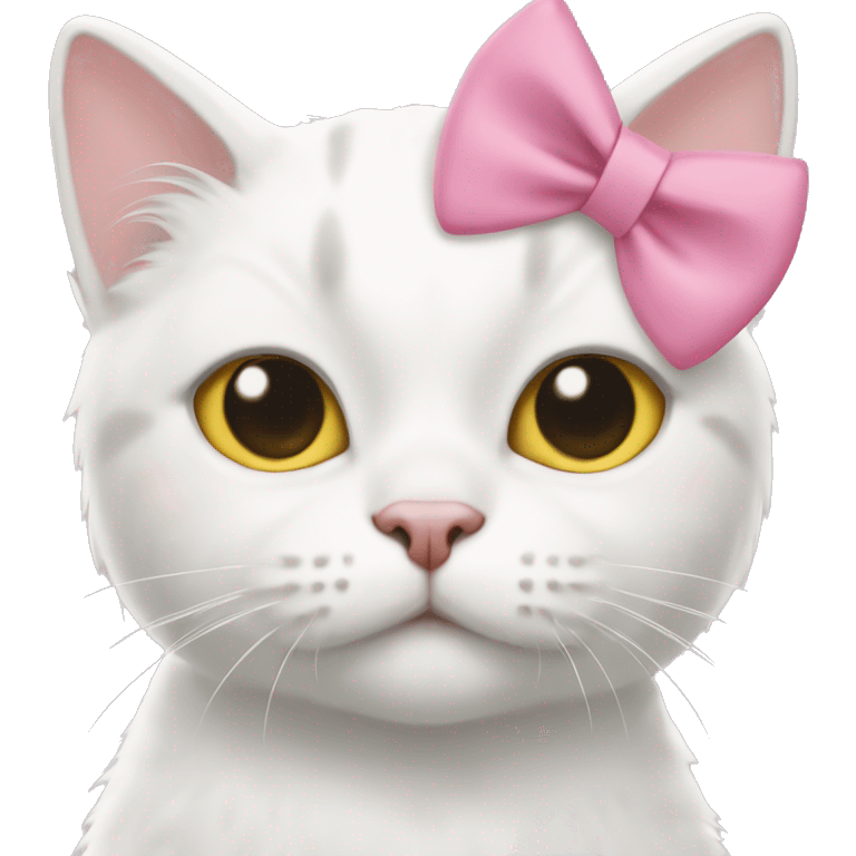 White cat, yellow nose, no mouth, and pink bow holding boba emoji