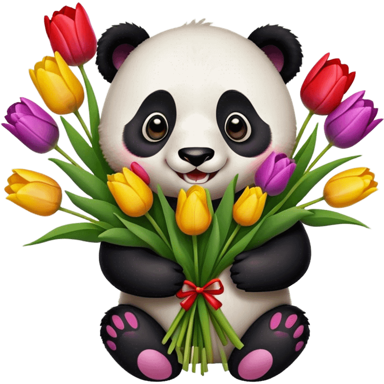 cheerful panda with a bouquet of tulips emoji