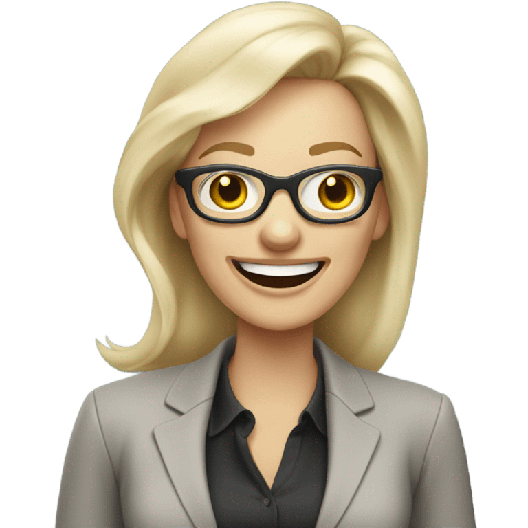 Pale blonde businesswoman wearing glasses on a phone call laughing  emoji