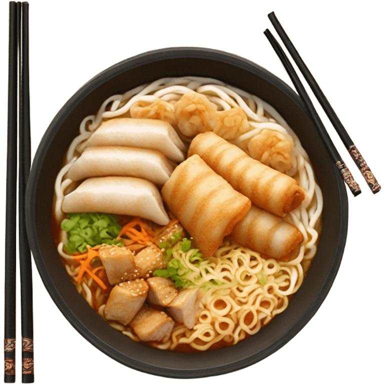 Buldak ramen with chicken and spring rolls emoji