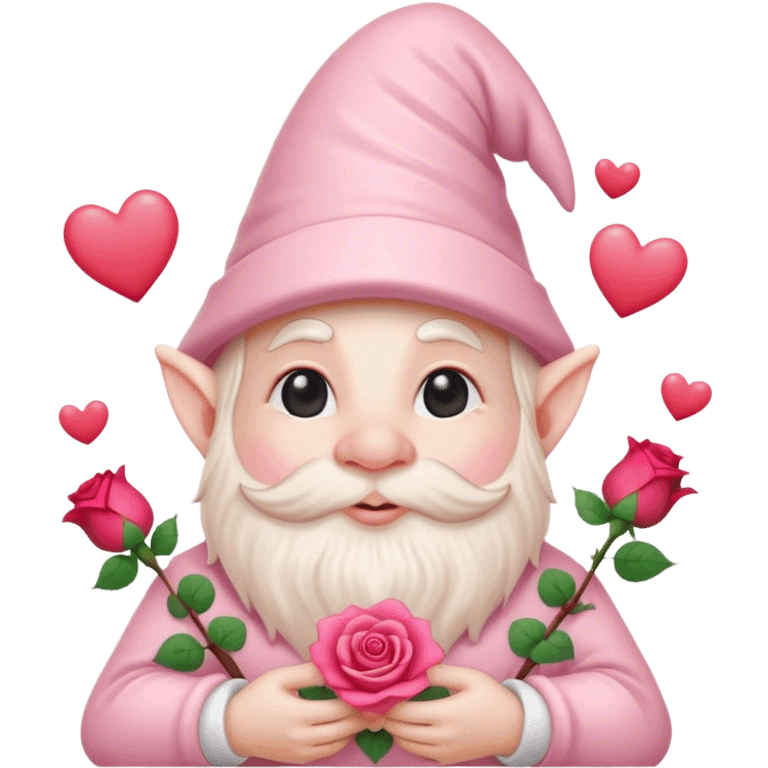 An adorable little pale pink Valentine’s Day style gnome with a rose and hearts in the background emoji