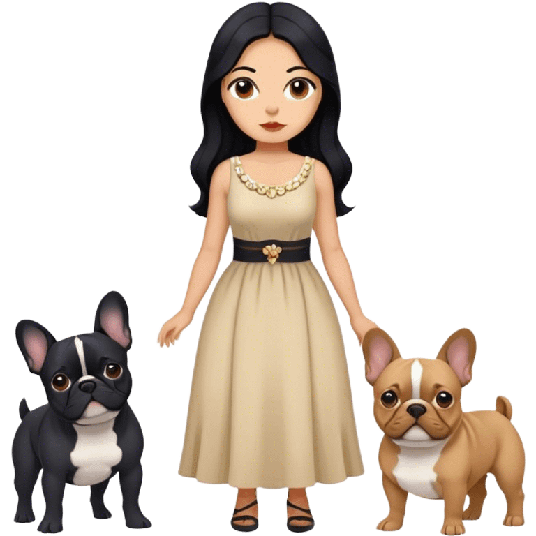 latin woman in a dress with long black hair standing alongside two French bulldogs  emoji