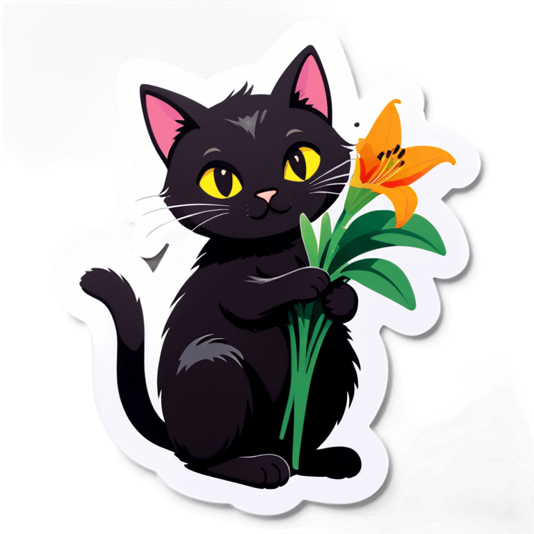 a black cat with a bouquet of Lily of the road emoji