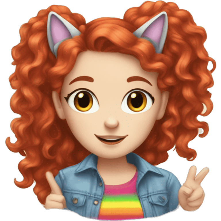 a white girl with long red curly hair in a pony tail with rainbow shirt does peace sign wearing cat ears one black other white emoji