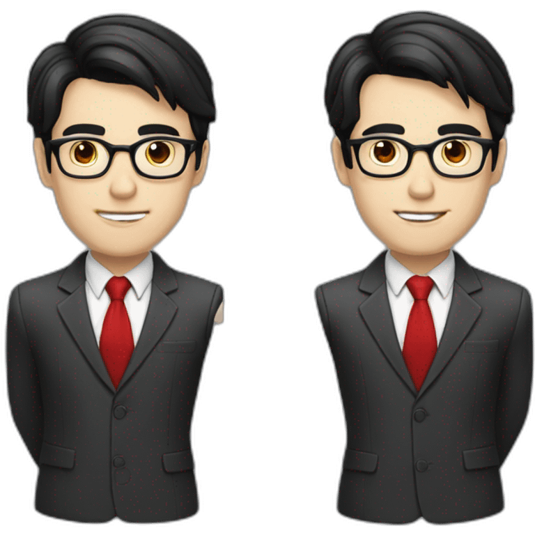 Man in a suit and red necktie with black hair, pale skin, black reading glasses, emoji