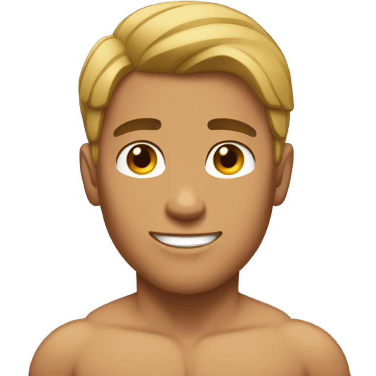 Tan guy with middle part and shirt off with muscles emoji