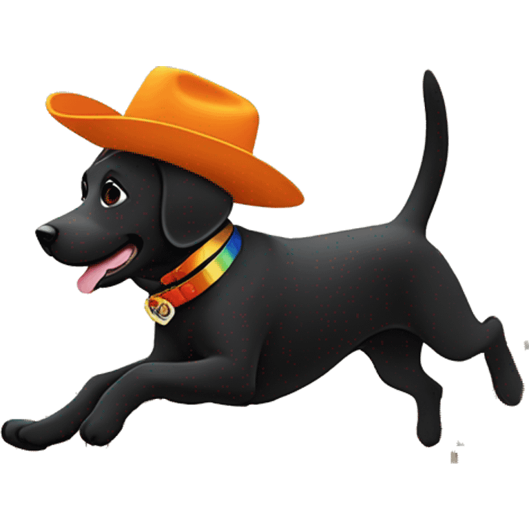 disney pixar smiling black labrador with brown cowboy hat and orange collar with a rainbow with Corricella in Procida near Naples background jumping emoji