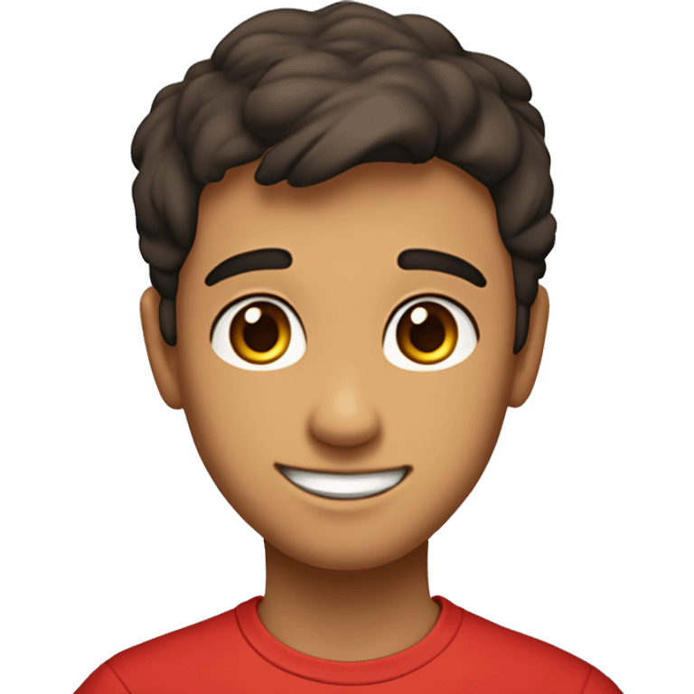 A close-up of a boy with short dark brown hair, thick eyebrows, brown eyes, and a round face with dimples. He is slightly smiling, wearing a red t-shirt, and the background includes a window with blinds and natural lighting. emoji