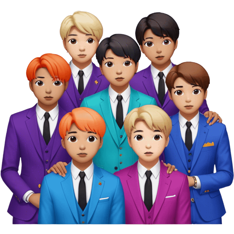 Cinematic Realistic group portrait of BTS featuring all 7 members in stylish modern attire, with detailed facial expressions and vibrant colors, captured in dynamic, contemporary lighting that emphasizes their global pop icon status emoji