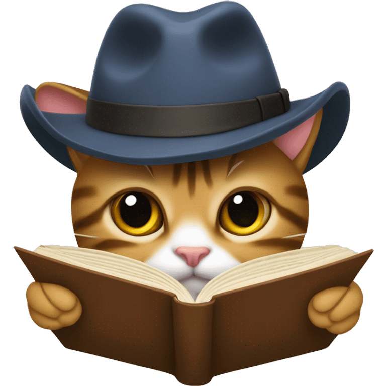 tabby cat reading a book with a fedora emoji