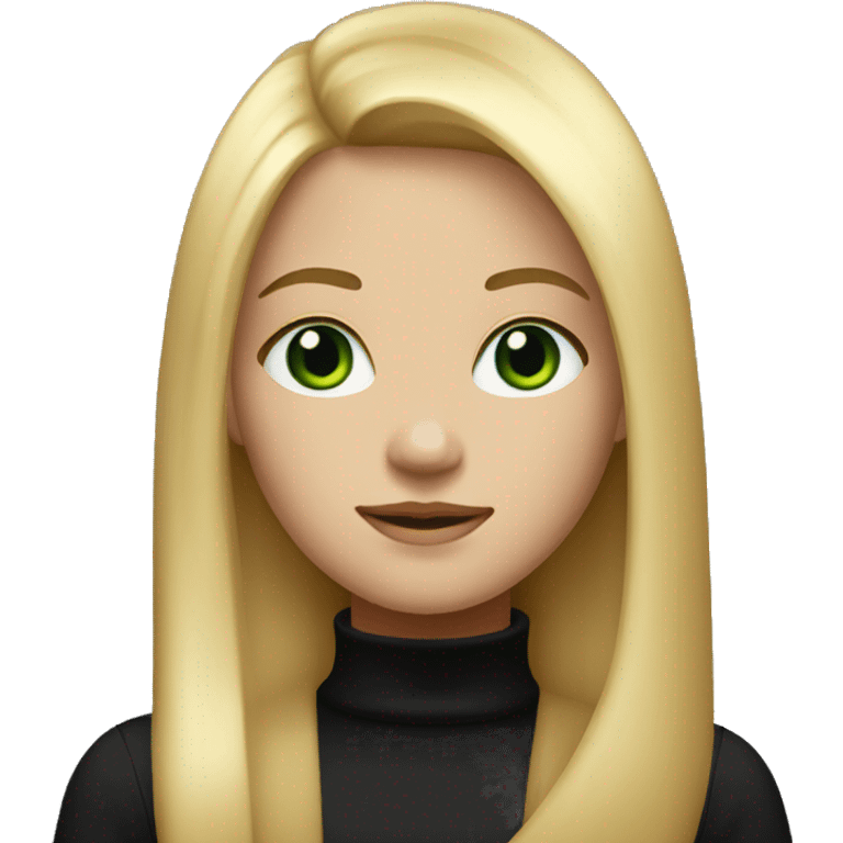 The girl is blonde with long straight hair and green eyes and is wearing a black turtleneck emoji