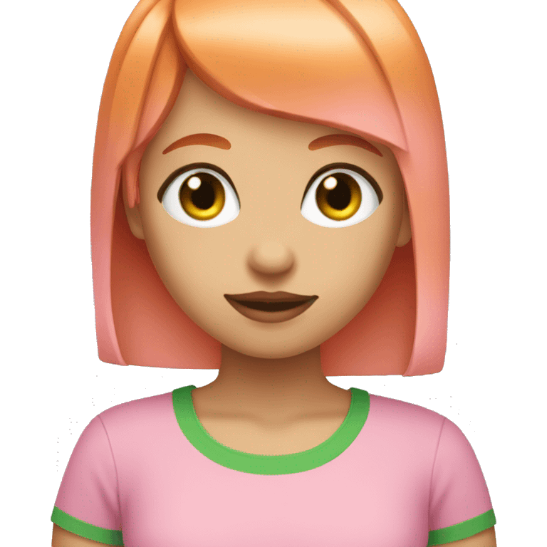 girl with orange straight hair and bangs and green eyes with a pink shirt emoji