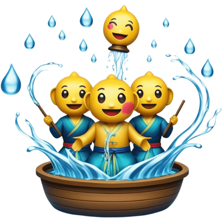 Cinematic Realistic Water Puppetry Pop Culture Emoji, depicted as a whimsical scene of traditional water puppetry rendered with dynamic textures and playful lighting. emoji