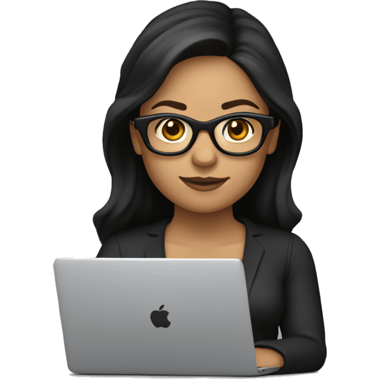 character with lightly tanned fair skin,  She is wearing wayfarer-style glasses with a black upper frame and has small gold hoop earrings. The character is a female IT developer with long,blue eyes. Her dark brown hair She is shown working with a MacBook
 emoji